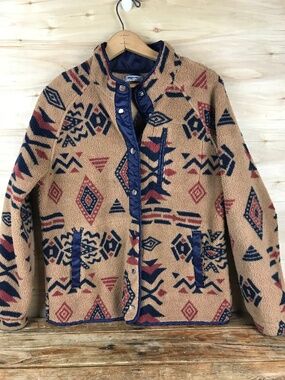 Vtg Southwest Aztec Print Fleece Jacket Coat Womens M Snap Front Brown